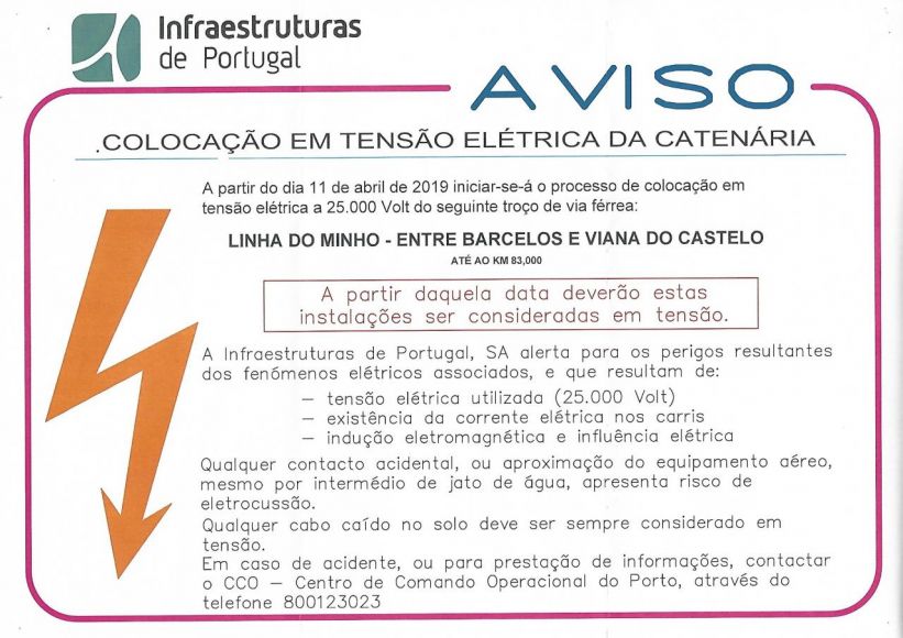 AVISO- COLOCAÇÃO EM TENSÃO ELÉTRICA DA CATENÁRIA